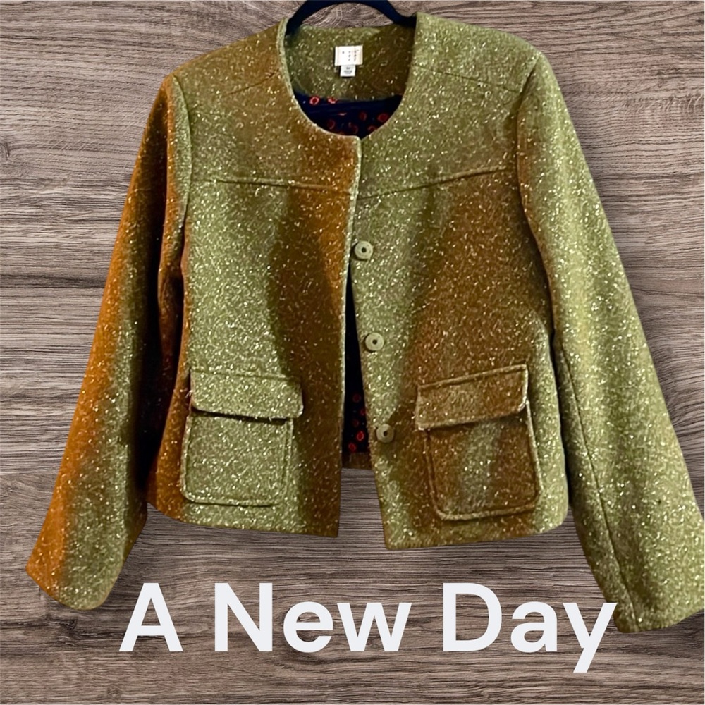 🎄 A New Day women’s gold metallic tweed hidden snaps closure wool blend SZ:L EUC